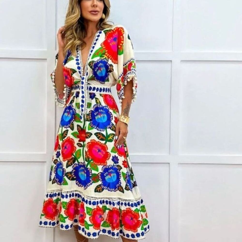 NEW Farm Rio Doce Flor Midi Dress M Floral Tie Front Linen Pom Pom - Picture 2 of 15
